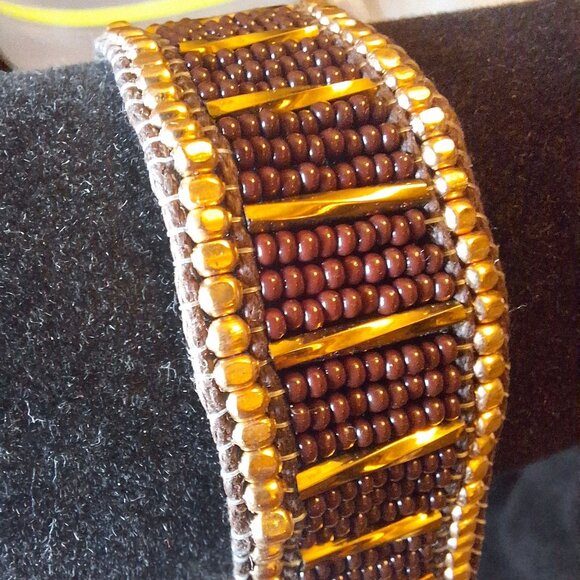 Handcrafted Brown Beaded Bracelet With Gold & Bronze Accents Adjustable Strap Ha - Picture 3 of 10